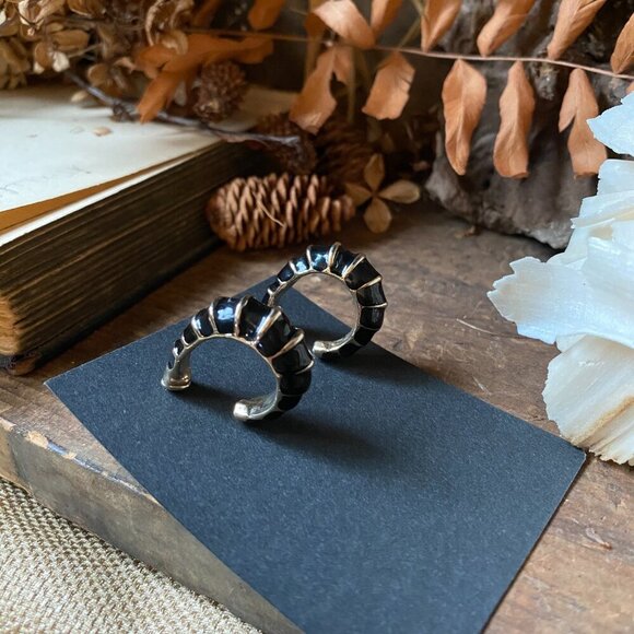 Bamboo Black Enamel Gold Tone Inlay Hoop Earrings - Unique Sea Urchin Gothic - Picture 6 of 7